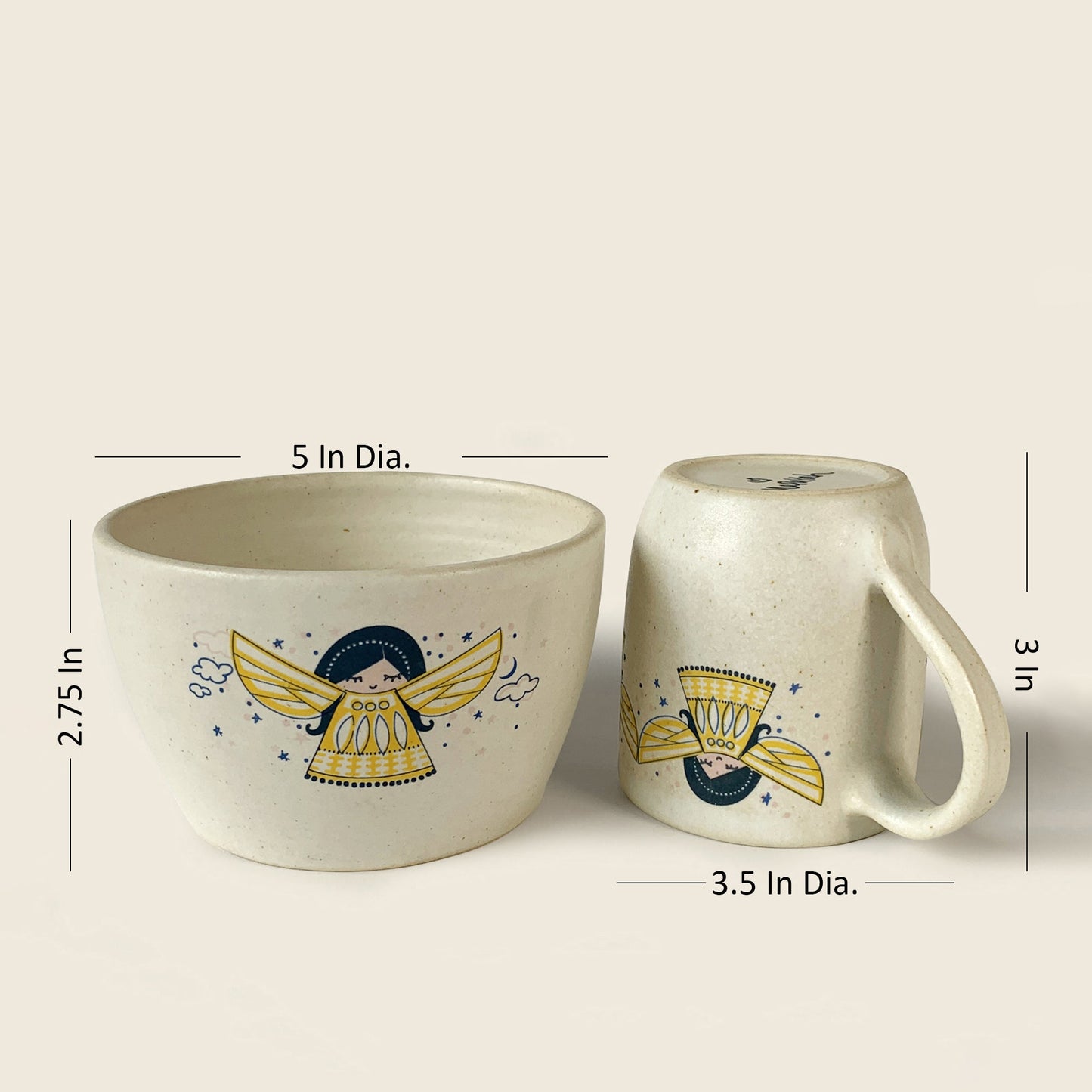 Size and dimensions diagram for Mapayah FEAST Angela ceramic mug and bowl set