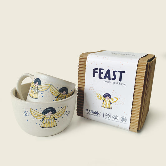 Mapayah FEAST Angela ceramic mug and bowl shown with packaging