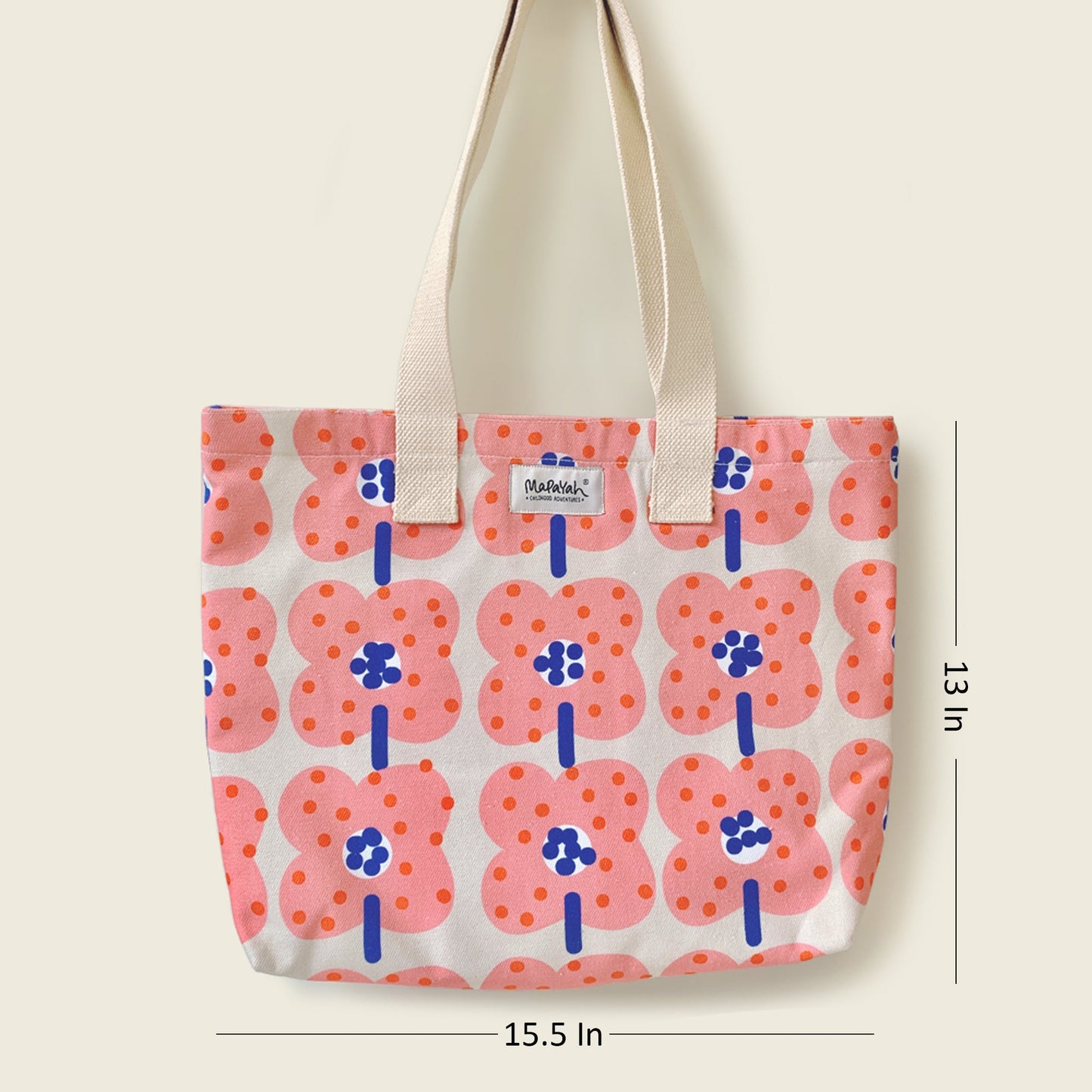 Size and dimensions diagram for Mapayah FERRY Bloom kids tote bag