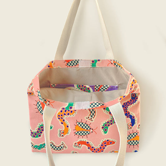 Mapayah FERRY Wiggle Pink kids tote bag shown open, revealing lining
