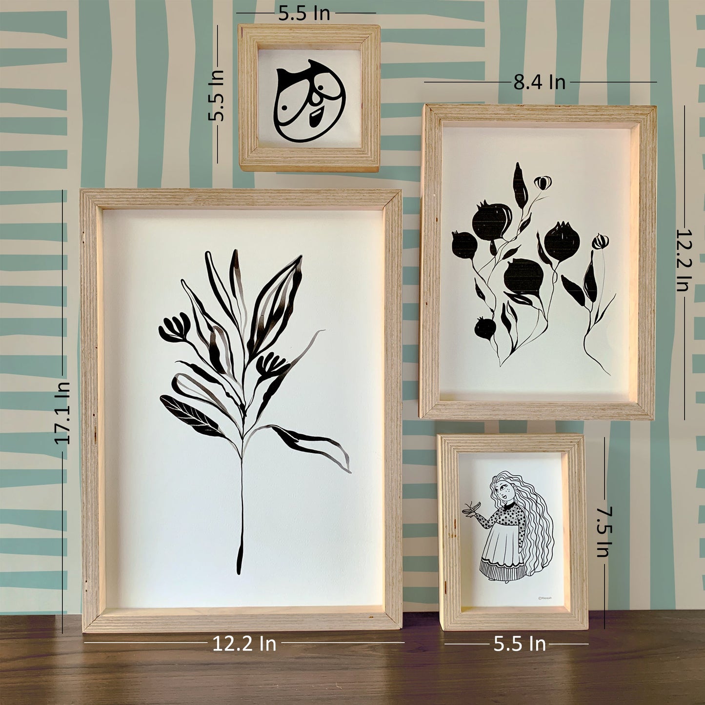 Size and dimensions diagram for Mapayah FLAUNT magnetic birchwood art frames