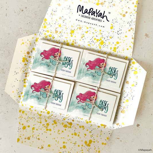 Mapayah KIT Mermaid stationery set opened, showing tent cards and gift tags