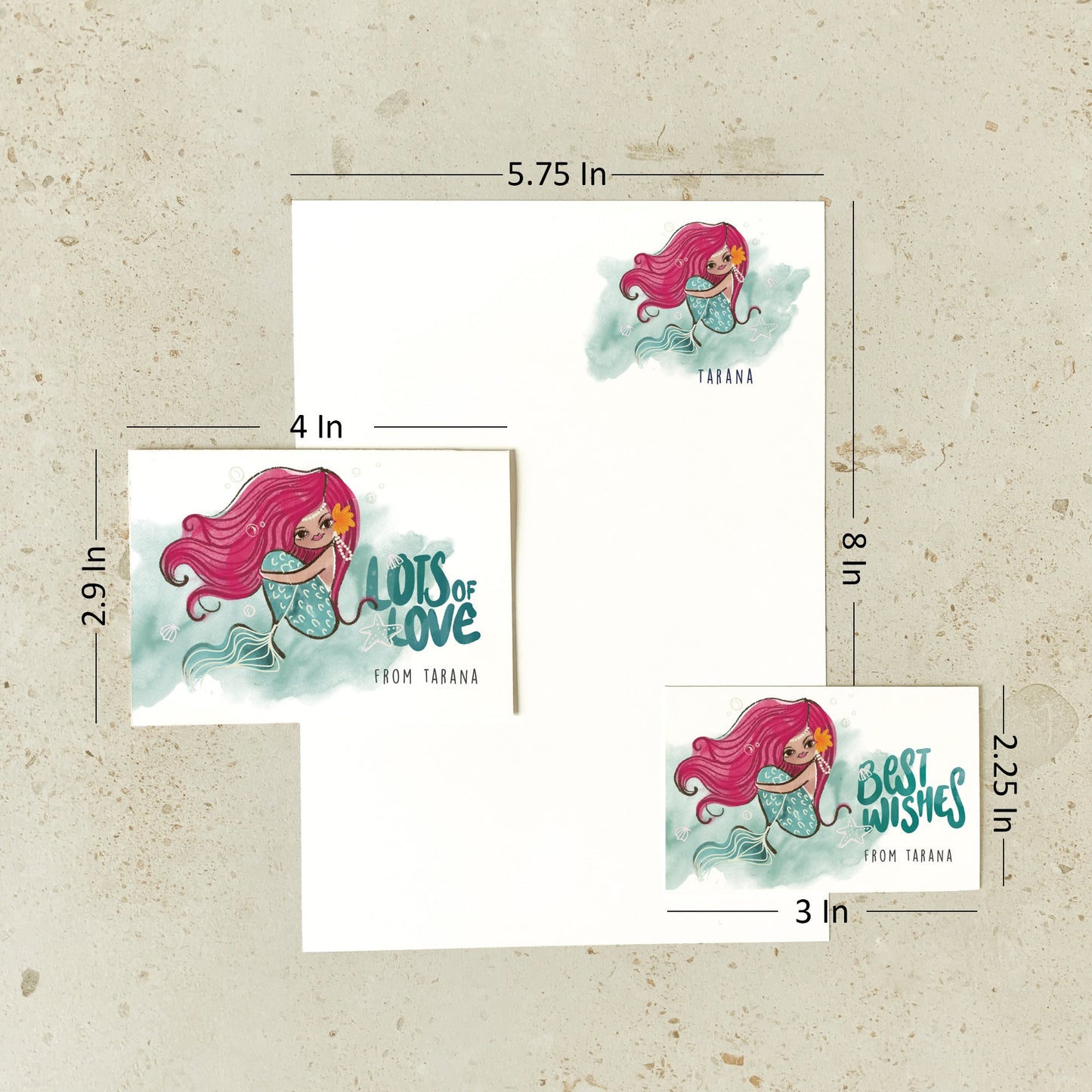 Size and dimensions diagram for Mapayah KIT Mermaid stationery set