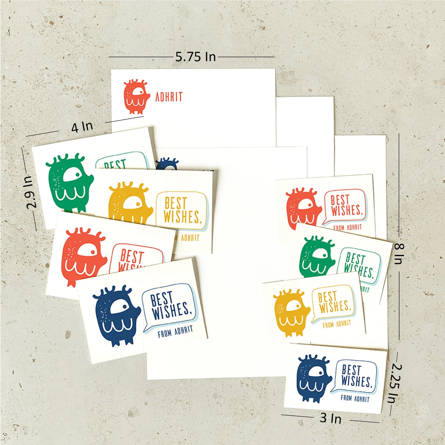 Size and dimensions diagram for Mapayah KIT Oddlings stationery set