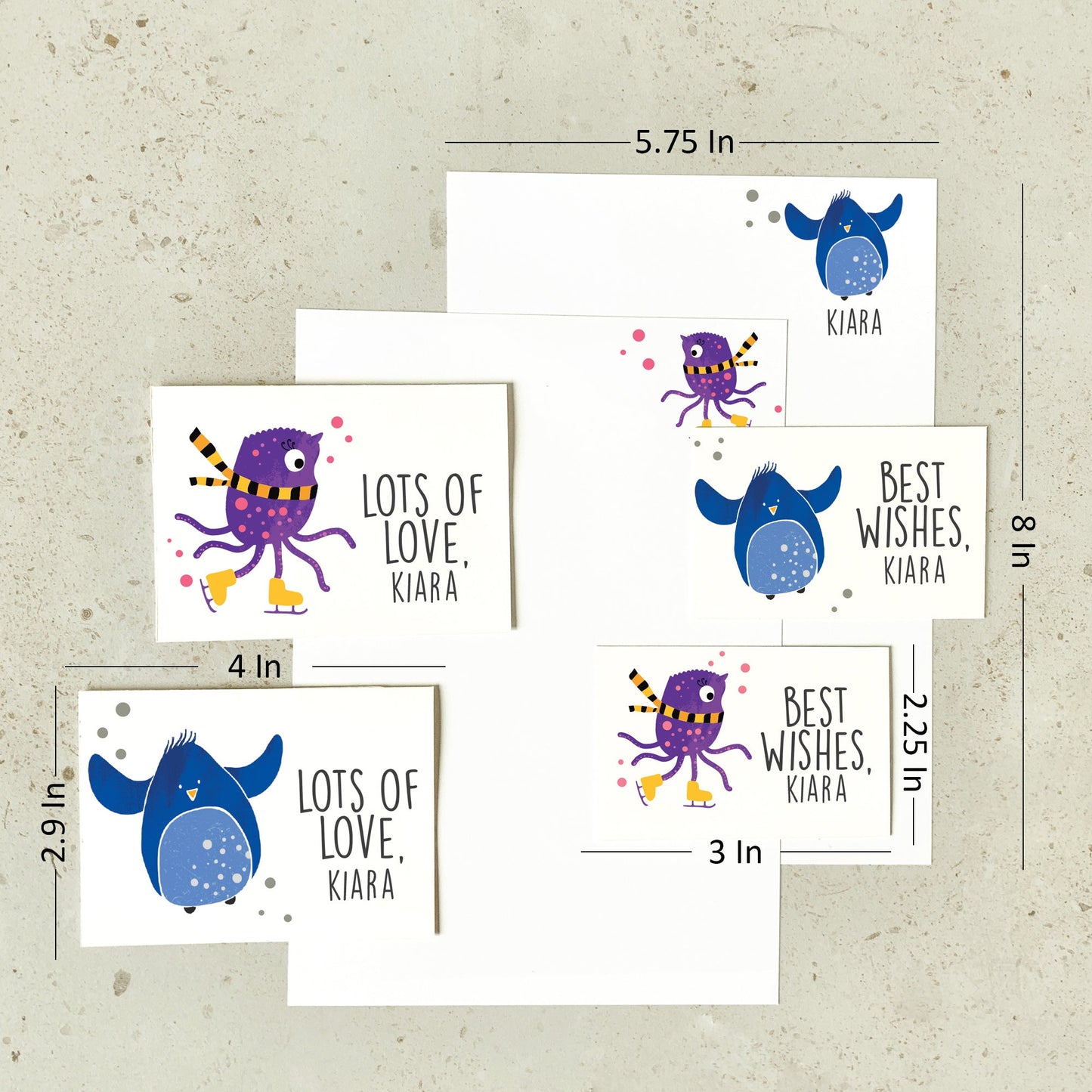 Size and dimensions diagram for Mapayah KIT Strangelings stationery set