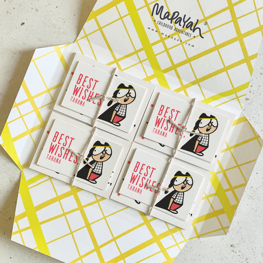 Mapayah KIT Supergal stationery set opened, showing tent cards and gift tags
