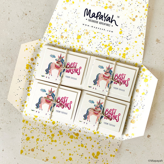 Mapayah KIT Unicorn stationery set opened, showing tent cards and gift tags
