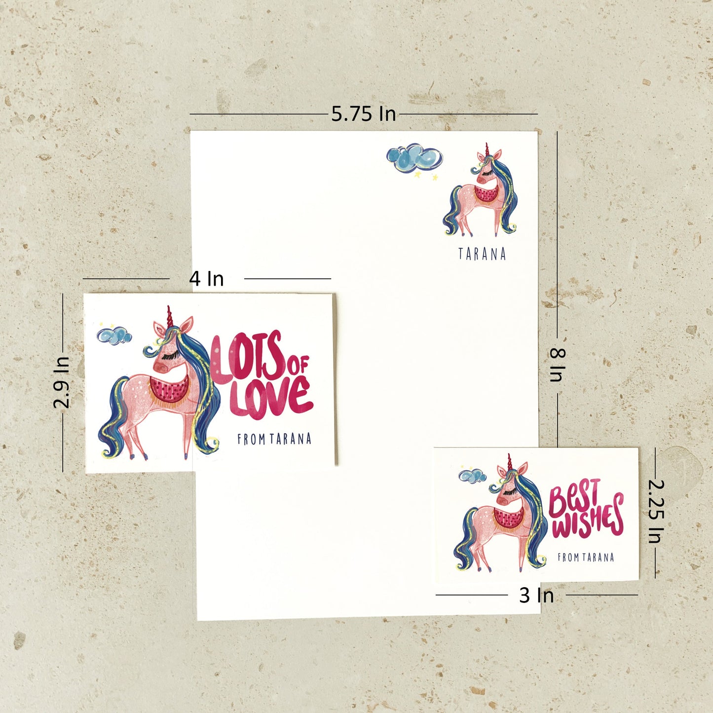 Size and dimensions diagram for Mapayah KIT Unicorn stationery set