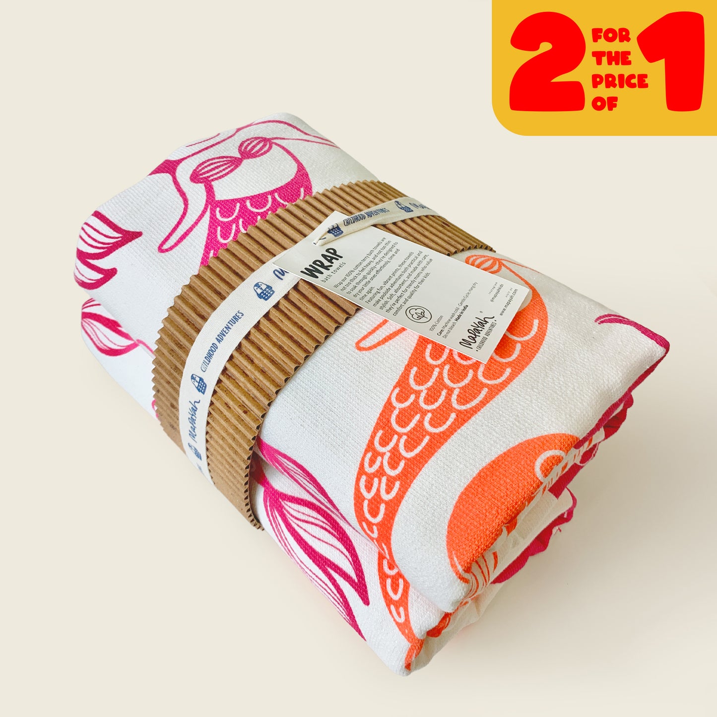 WRAP - Mermaid Pink/Orange : Kids Bath Towel Set Of 2
