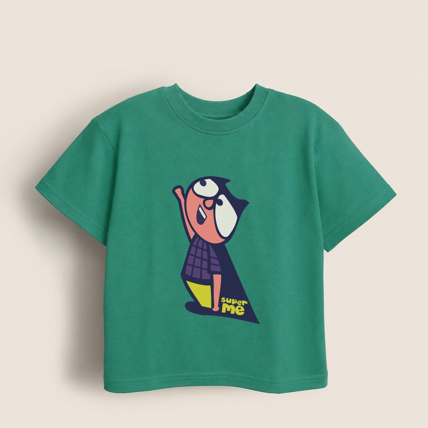 Green kids t-shirt with a superhero character with 'super me' text on a beige background