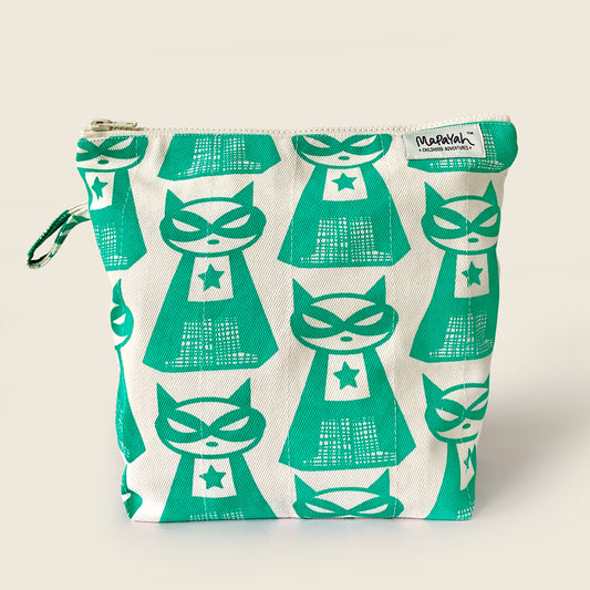 TRAVEL - Supermeow Green : Hand-Printed 100% Cotton Kids Toilet Bag by MAPAYAH