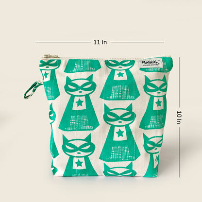 TRAVEL - Supermeow Green : Hand-Printed 100% Cotton Kids Toilet Bag by MAPAYAH