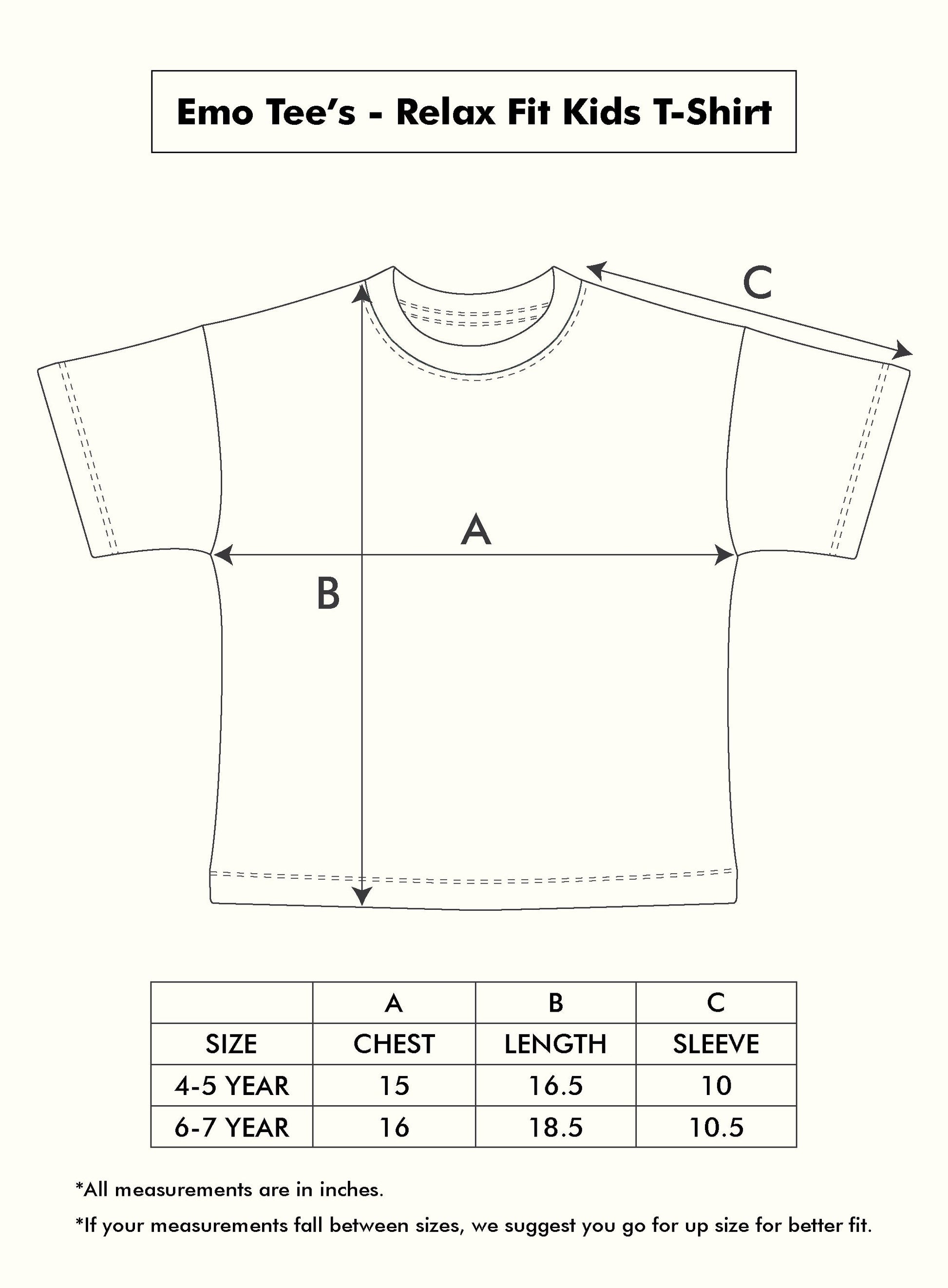 Size chart for Mapayah kids t-shirts