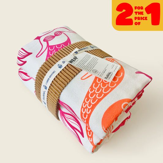 Front view of Mapayah mermaid pink towel, soft cotton with colorful character print, perfect for kids’ bath and pool time. with an offer of buy 1 get 1 free