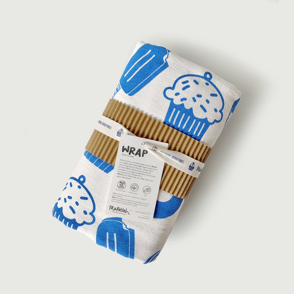 mapayah cupcake themed towel neatly packed in a sleeve. perfect for gifting. big enough for adults also.
