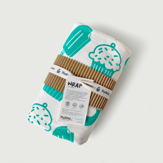 mapayah cupcake themed towel neatly packed in a sleeve. perfect for gifting. 