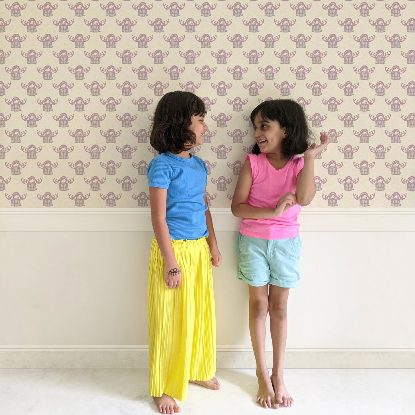 Mapayah DECK Angela kids room wallpaper in purple, styled in a bedroom setting