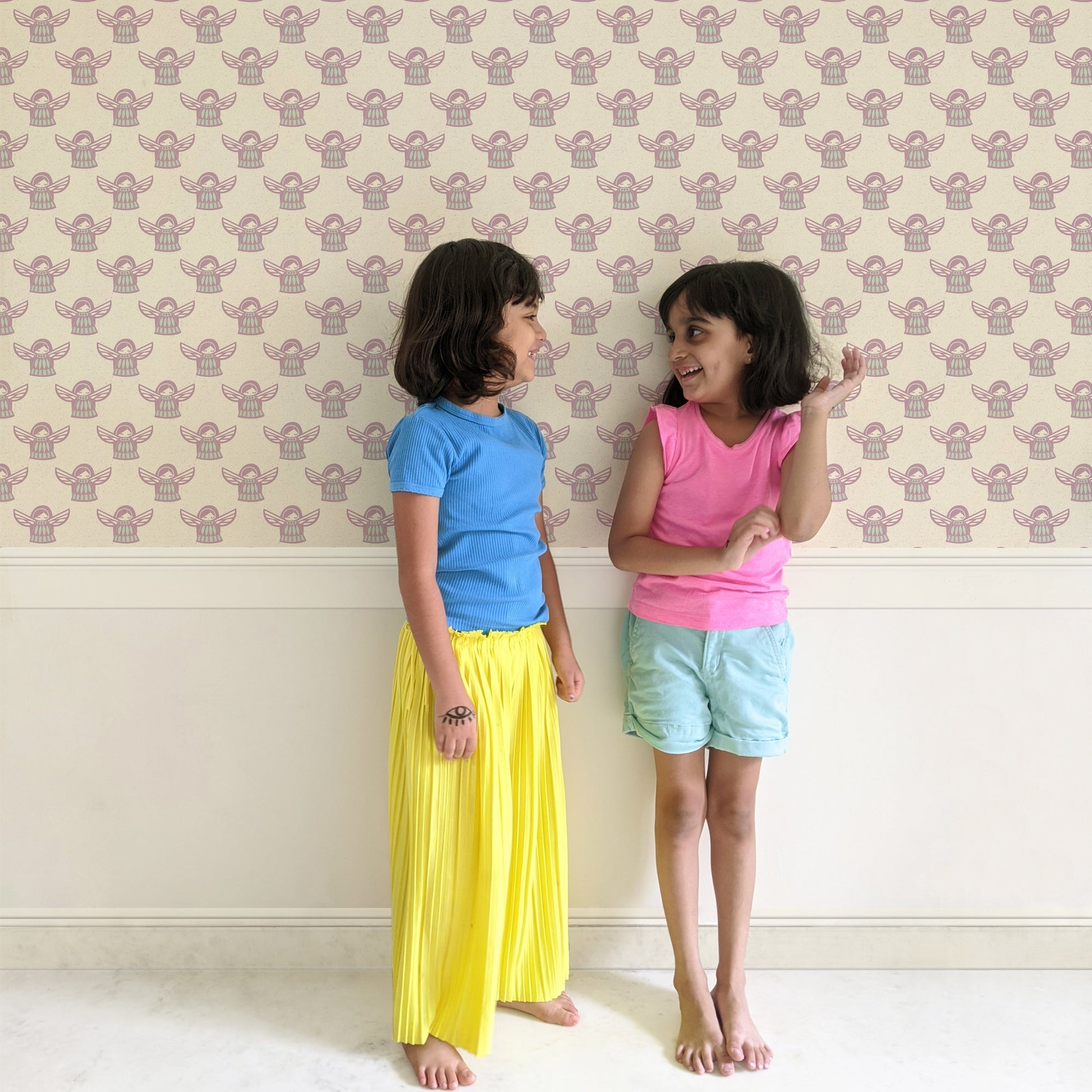 Mapayah DECK Angela kids room wallpaper in purple, styled in a bedroom setting
