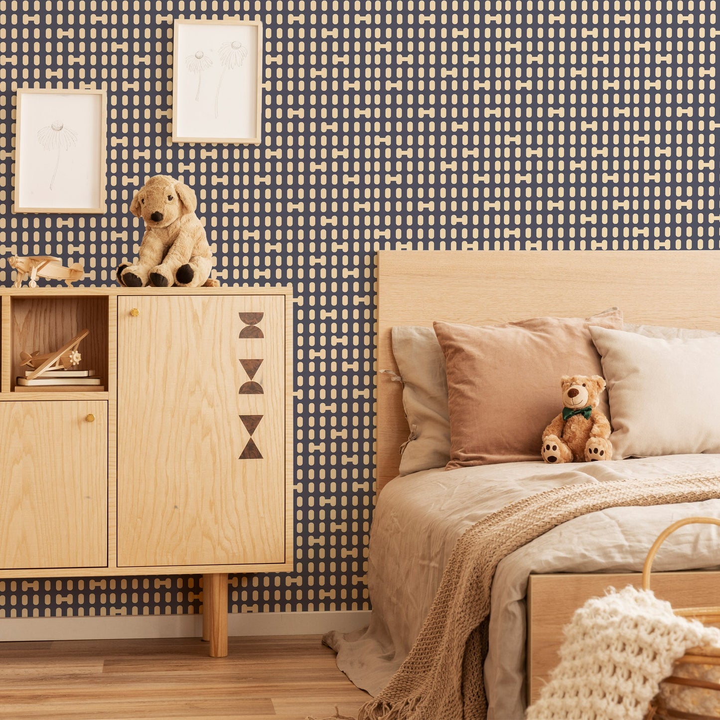 Mapayah DECK Dotz kids room wallpaper in grey, styled in a bedroom setting
