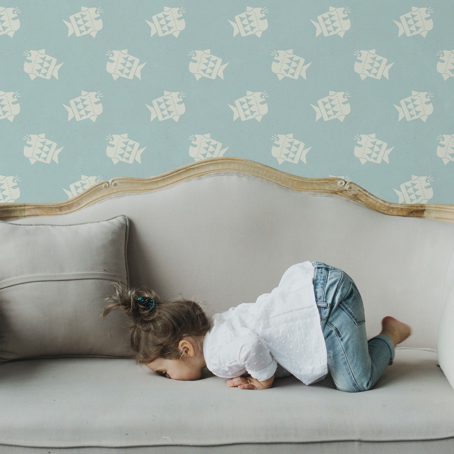 Mapayah DECK Finn kids room wallpaper in cyan, styled in a bedroom setting