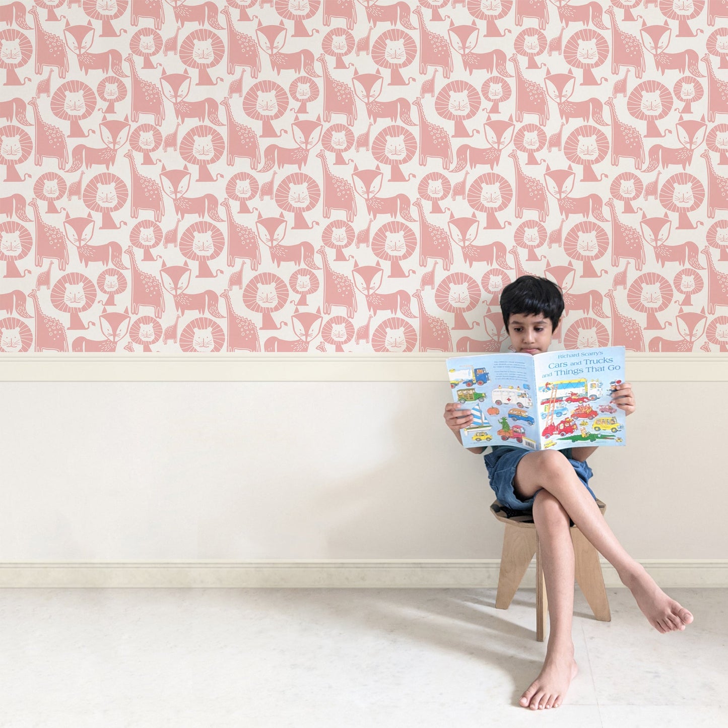 Mapayah DECK Jungle Mix kids room wallpaper in pink, styled in a bedroom setting