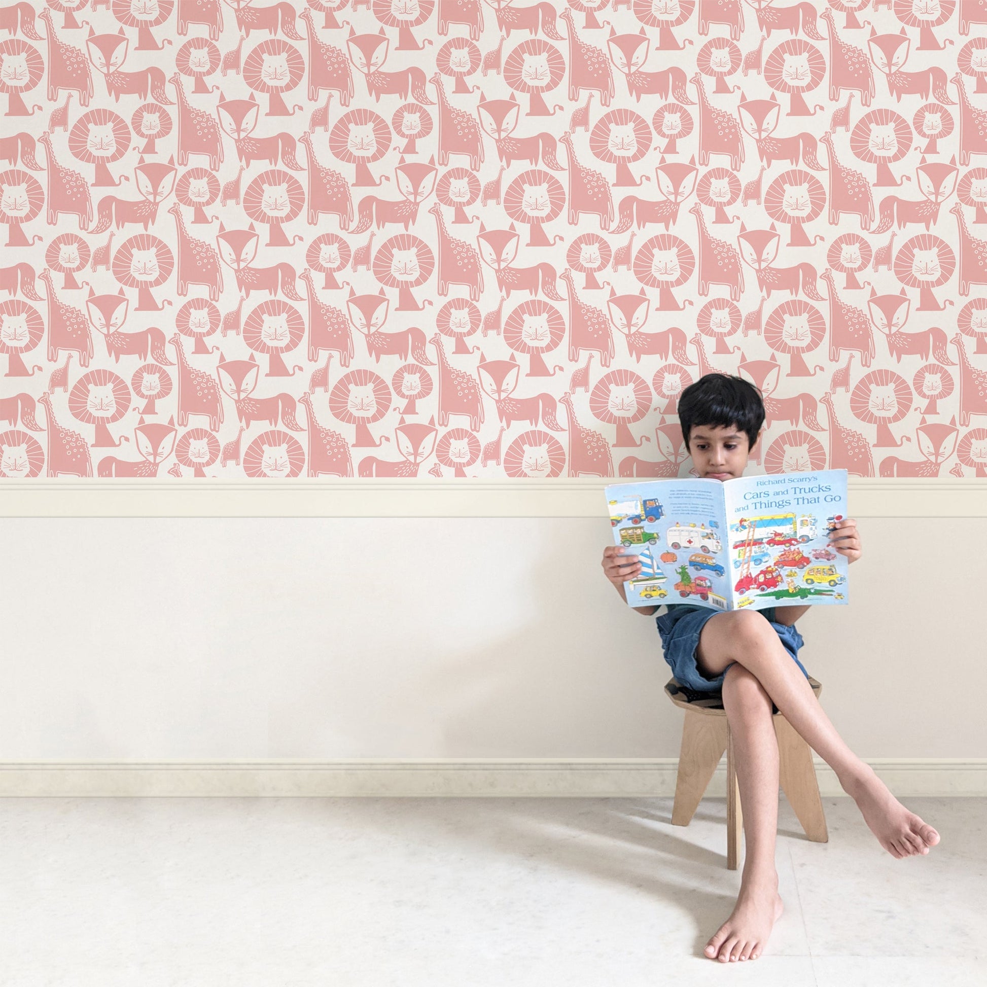 Mapayah DECK Jungle Mix kids room wallpaper in pink, styled in a bedroom setting