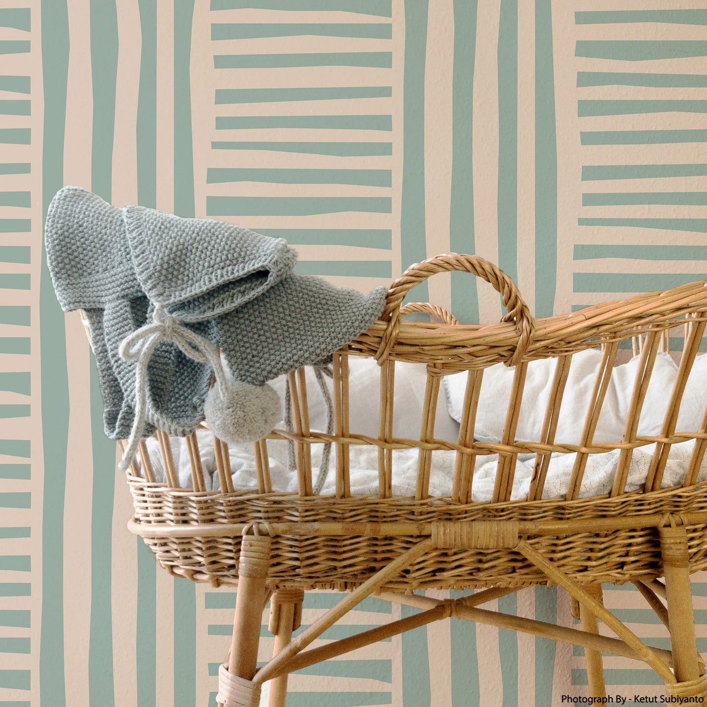 Mapayah DECK Lines kids room wallpaper in green, styled in a bedroom setting