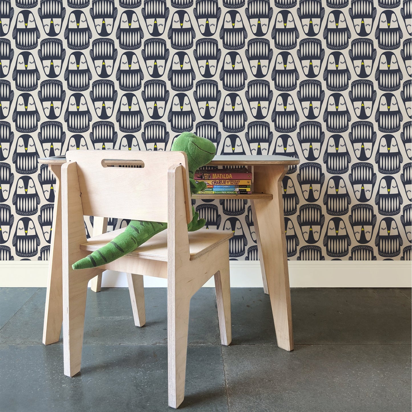 Mapayah DECK Pingoo kids room wallpaper in blue, styled in a bedroom setting