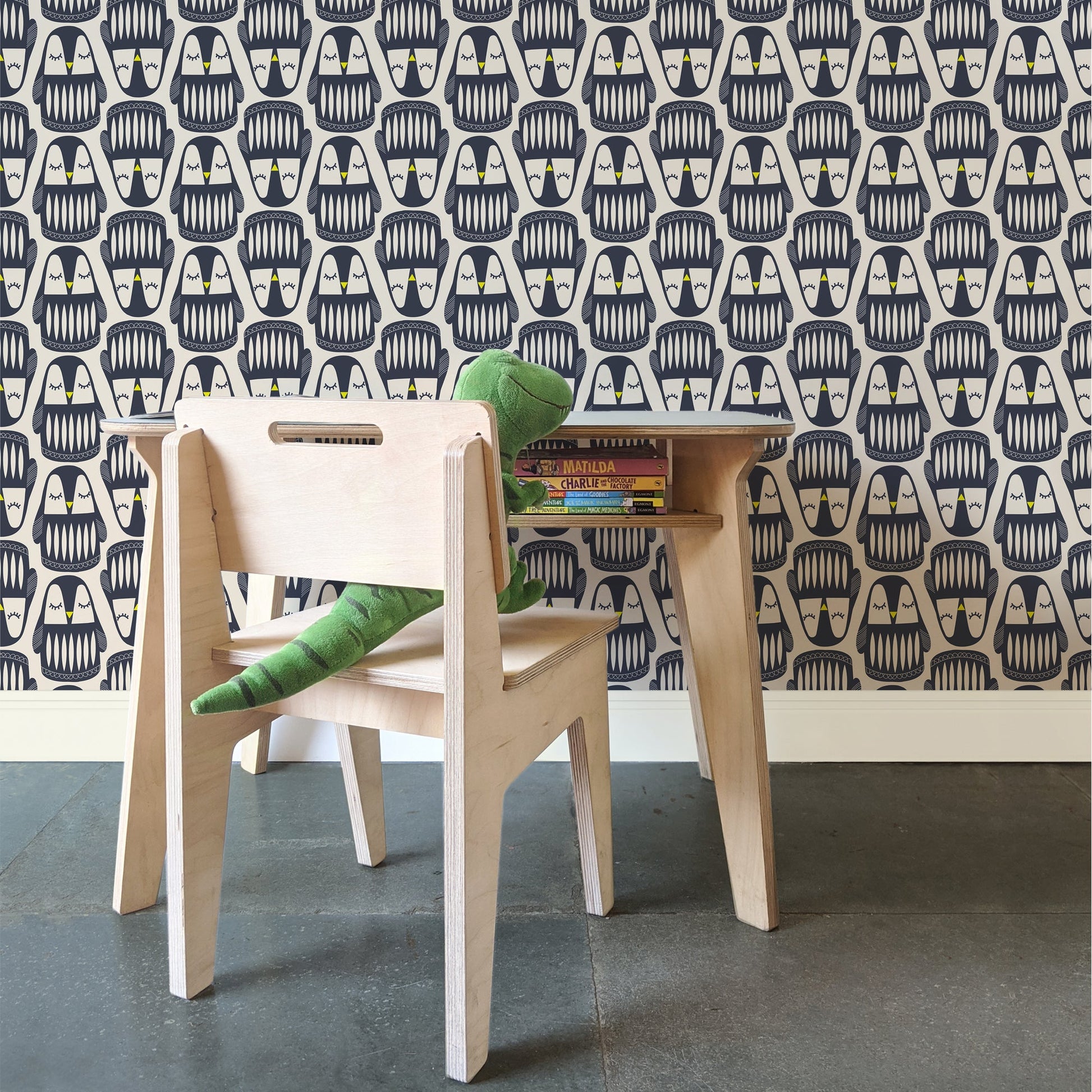 Mapayah DECK Pingoo kids room wallpaper in blue, styled in a bedroom setting