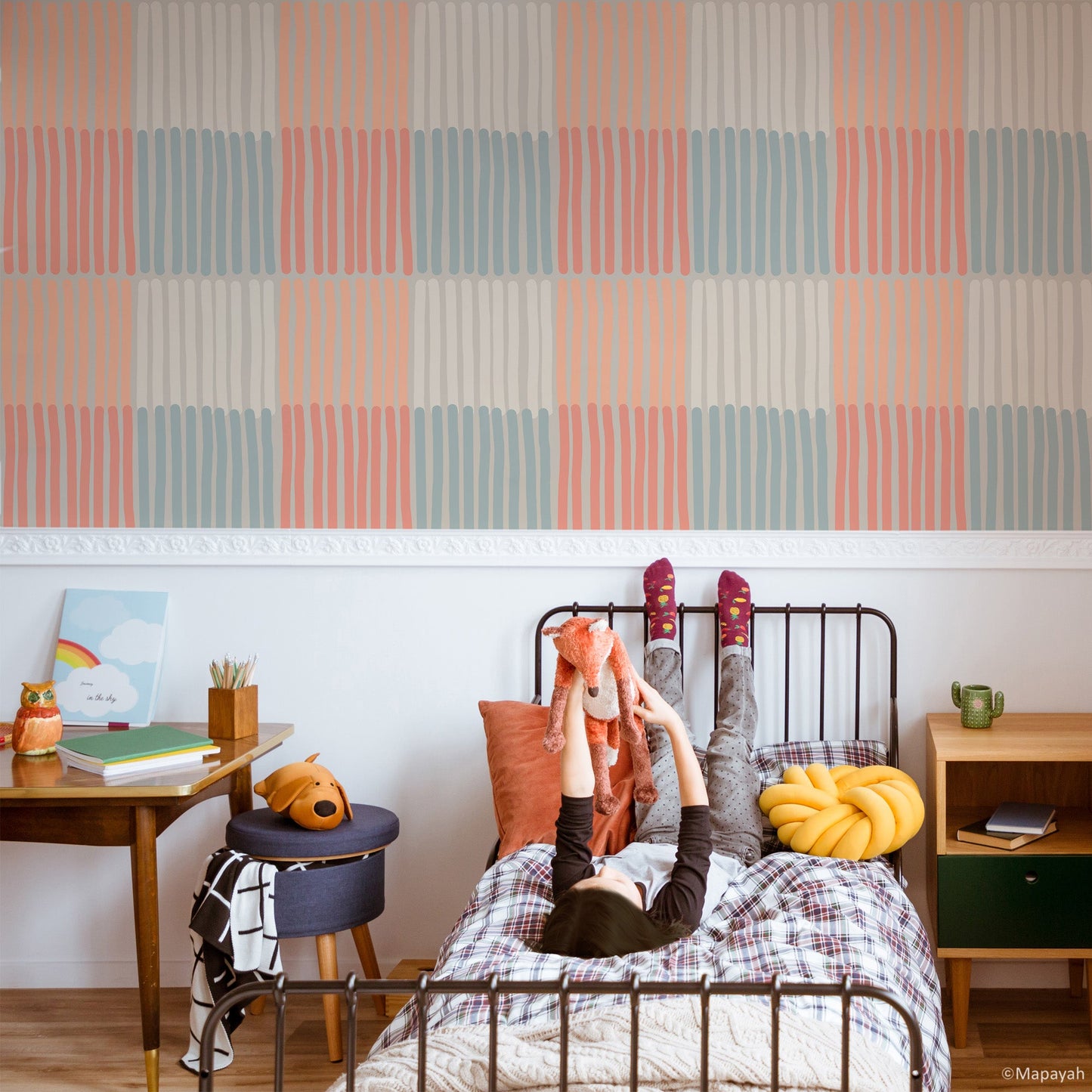 Mapayah DECK Stripey kids room wallpaper in orange, styled in a bedroom setting
