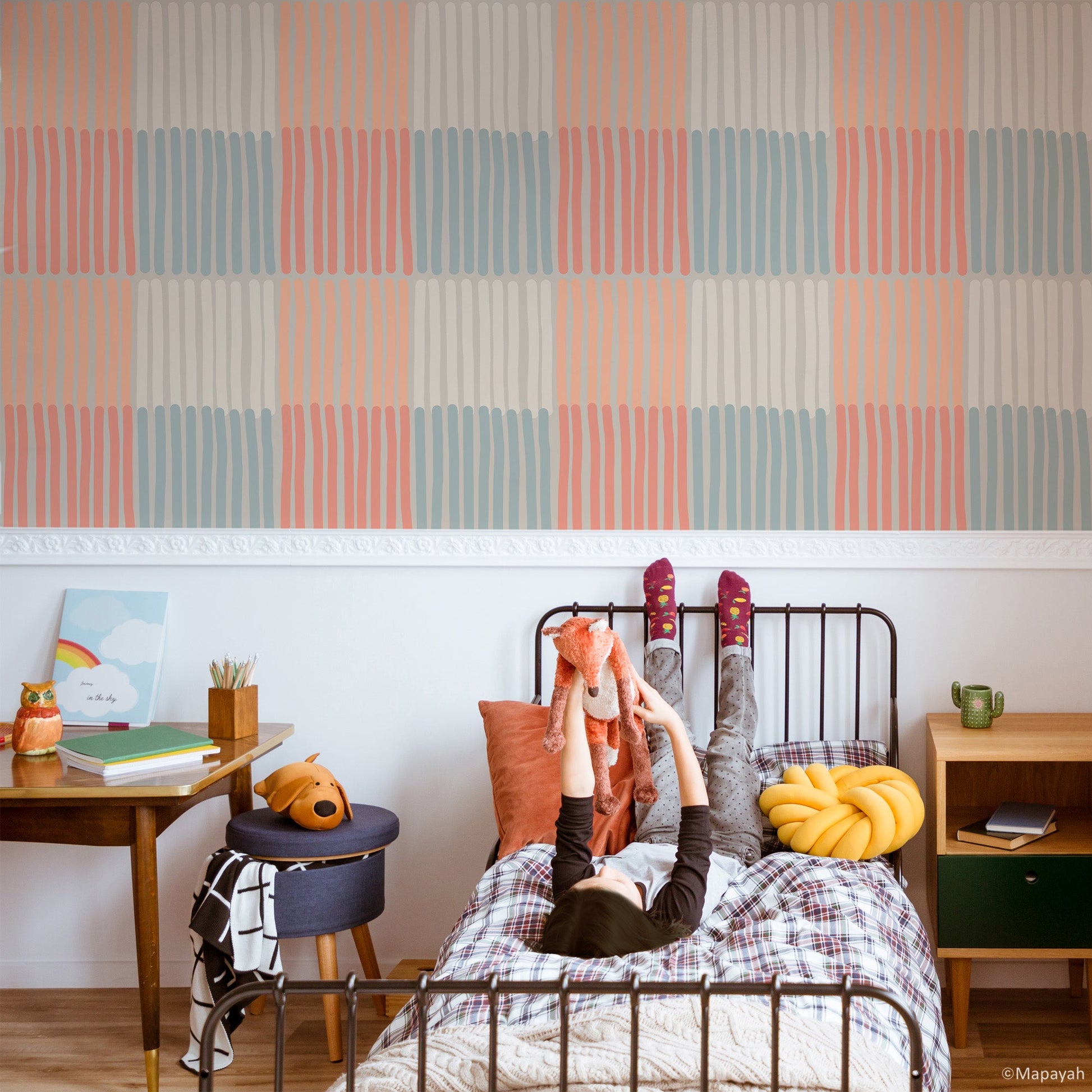 Mapayah DECK Stripey kids room wallpaper in orange, styled in a bedroom setting