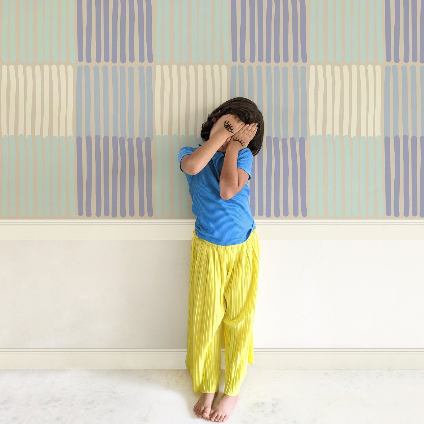 Mapayah DECK Stripey kids room wallpaper in purple, styled in a bedroom setting