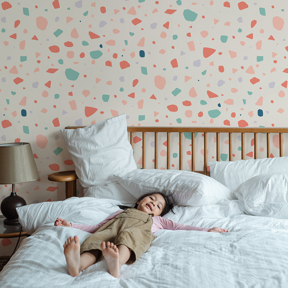 Mapayah DECK Terrazzo kids room wallpaper styled in a bedroom, alternate view