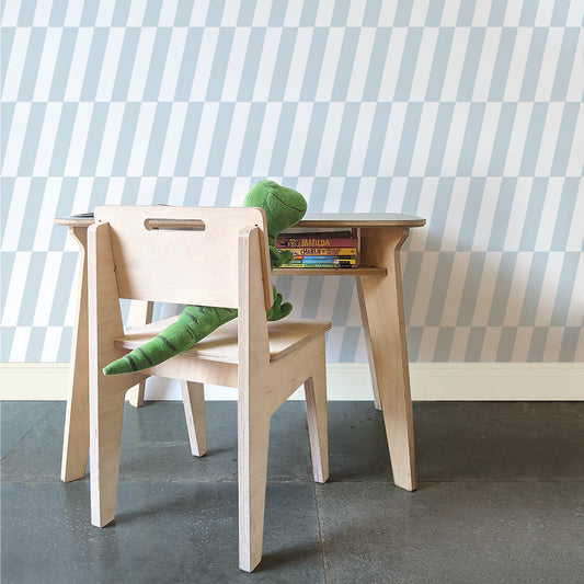 Mapayah DRAW study table paired with SEAT wooden kids chair in white birch, styled in a kids room