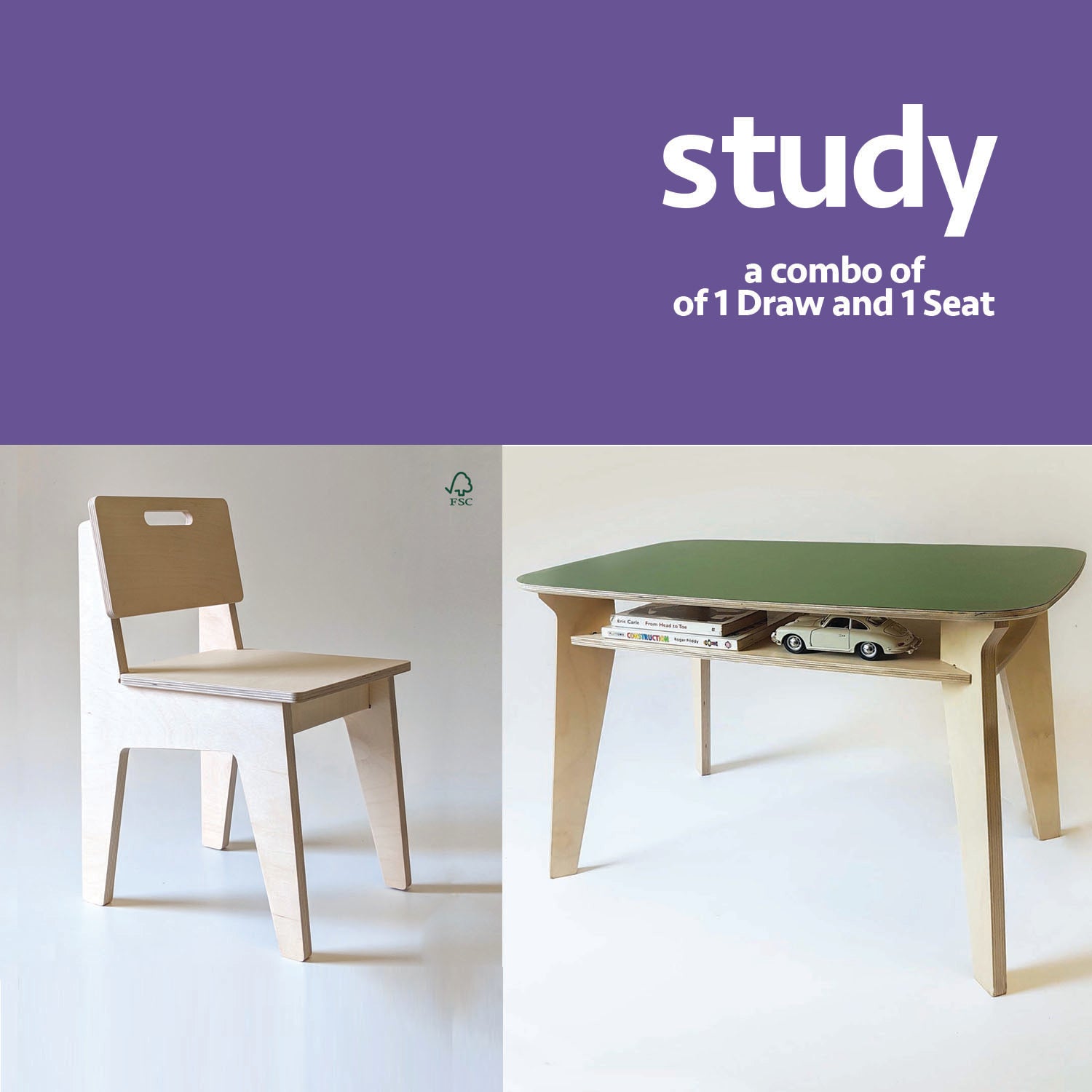 Mapayah STUDY DRAW and SEAT wooden desk and chair set styled in a kids room, alternate view