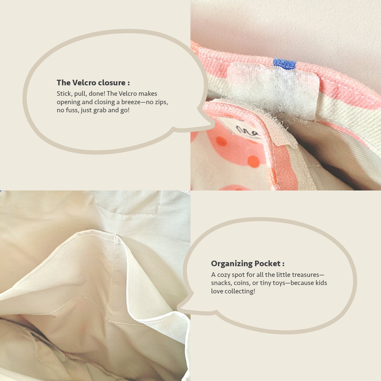 Close-up feature detail of Mapayah FERRY Bloom kids tote bag, Velcro closure