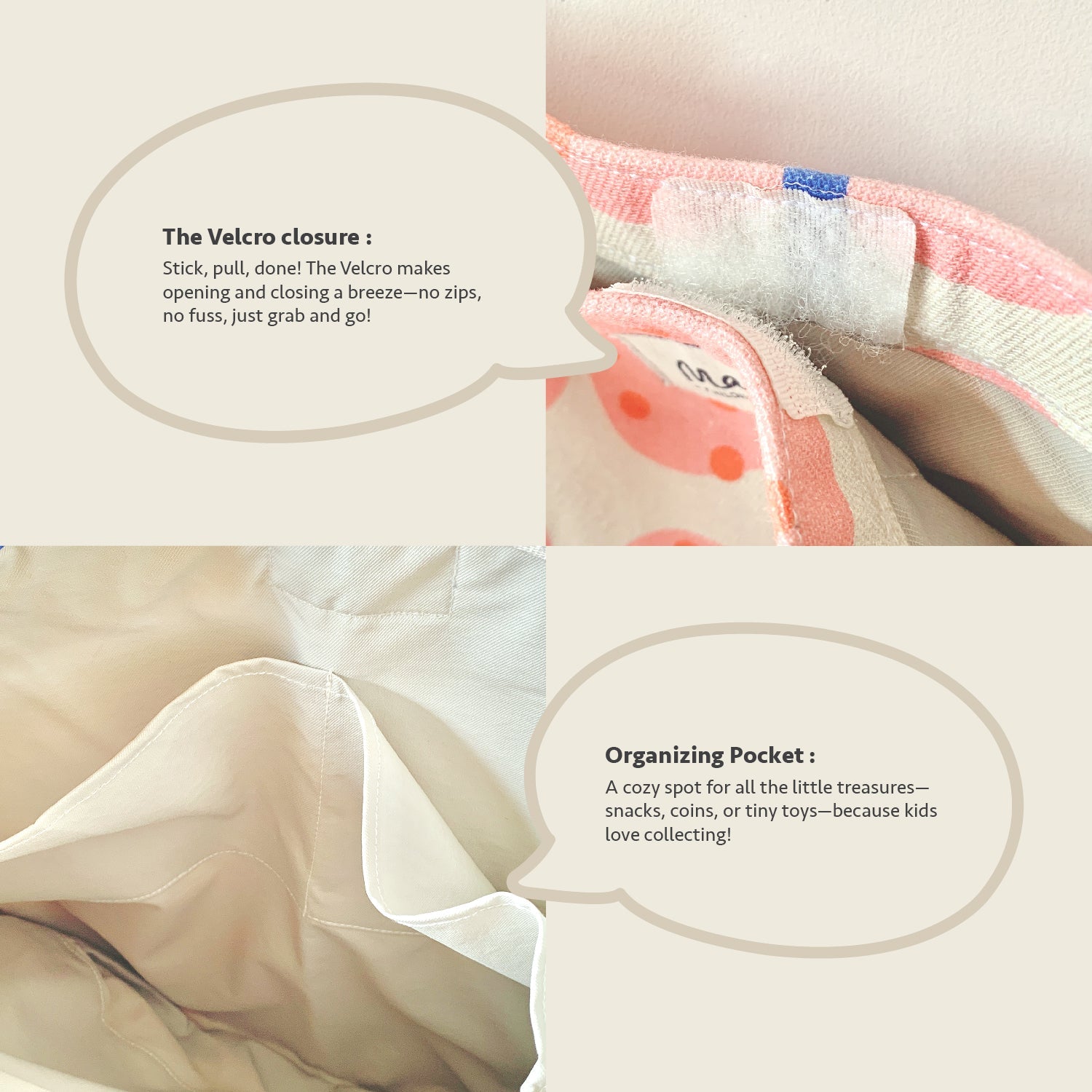 Close-up feature detail of Mapayah FERRY Bloom kids tote bag, Velcro closure