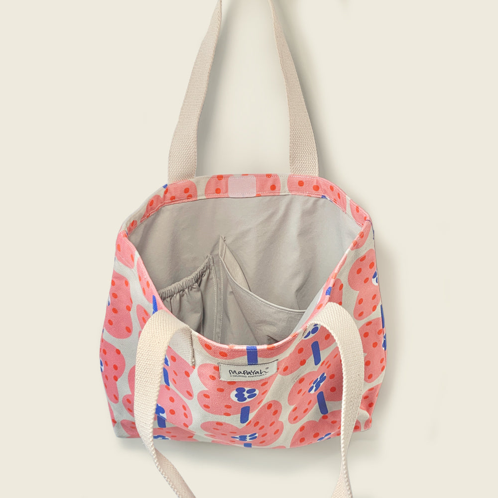 Mapayah FERRY Bloom kids tote bag shown open, revealing bottle pouch and lining