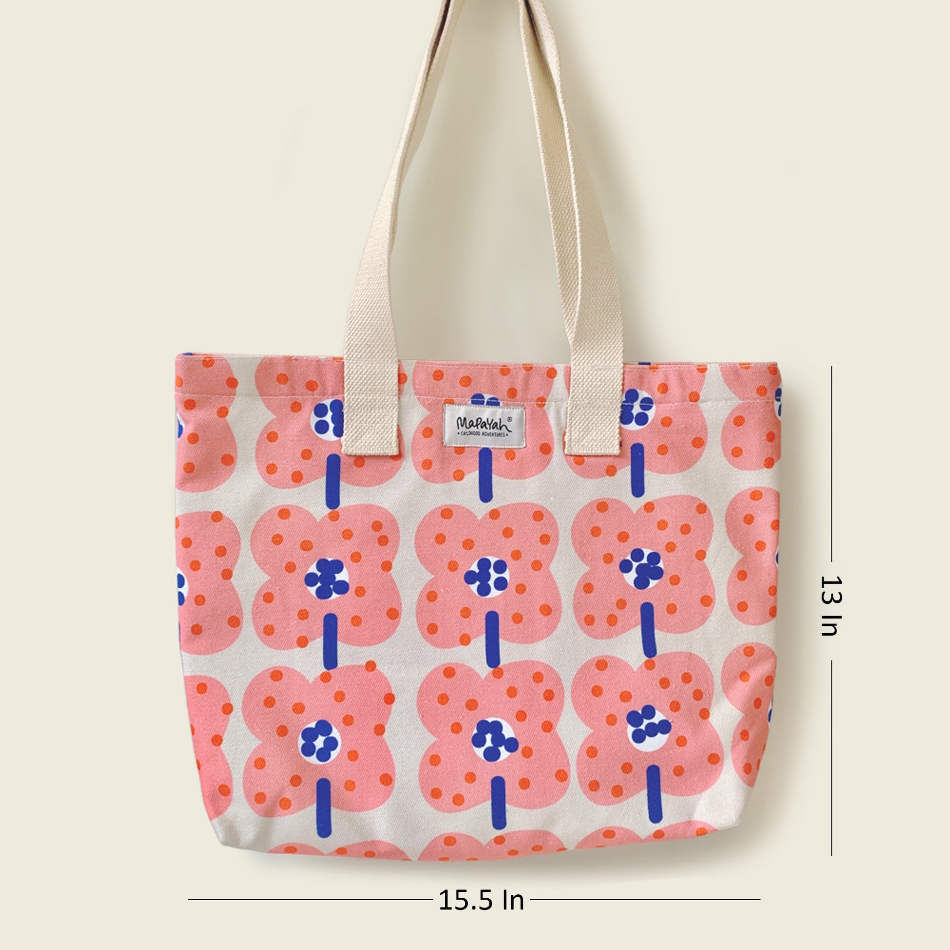 Size and dimensions diagram for Mapayah FERRY Bloom kids tote bag