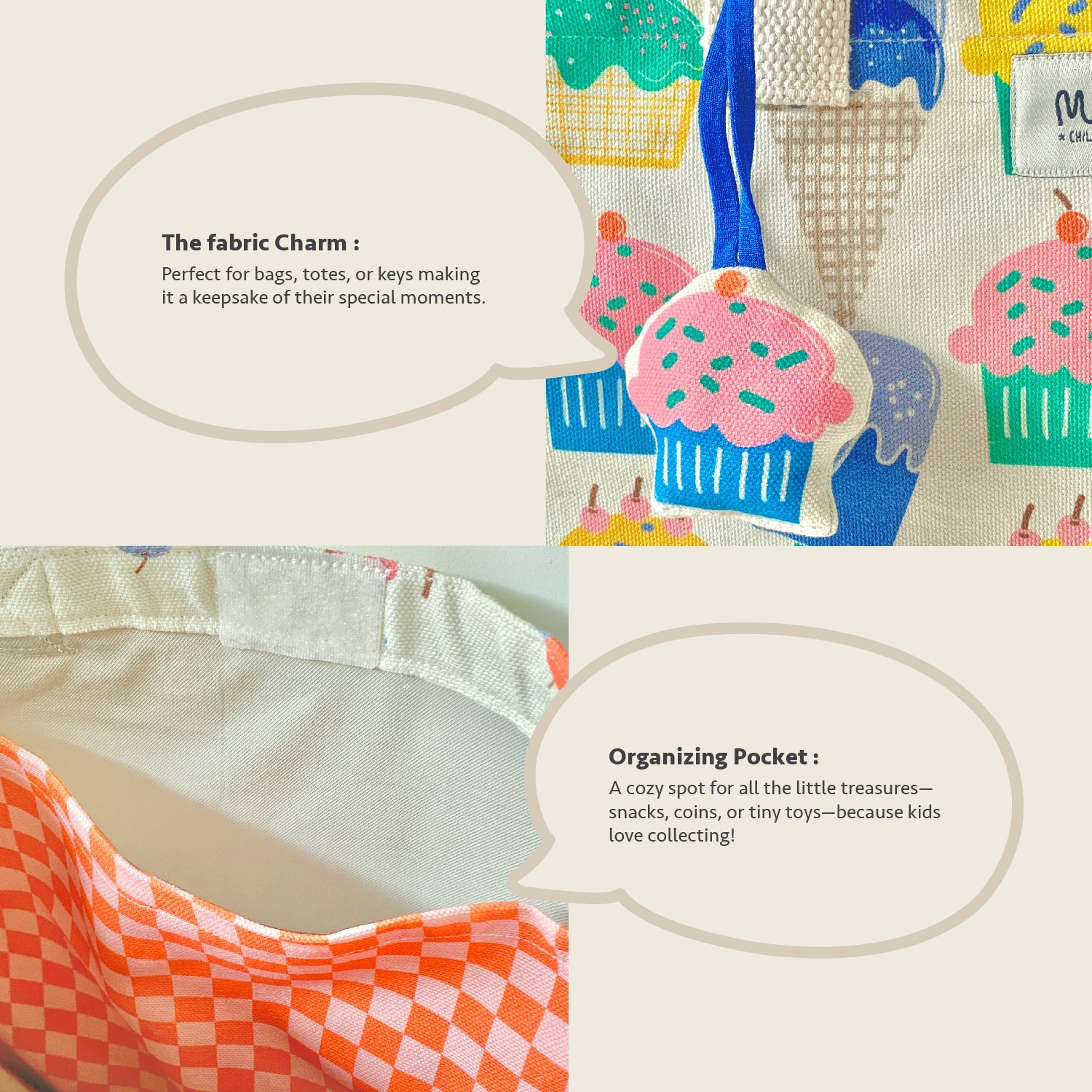 Close-up of Mapayah FERRY Cup Cake print detail on kids tote bag