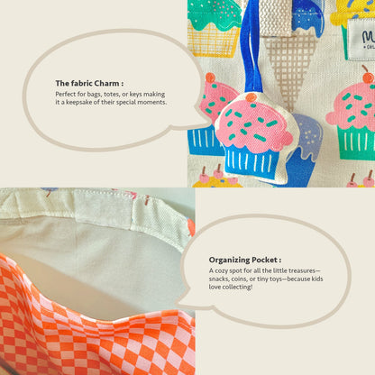 Close-up of Mapayah FERRY Cup Cake print detail on kids tote bag