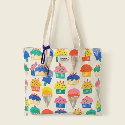 Mapayah FERRY Cup Cake print 100% cotton kids tote bag, front angle view