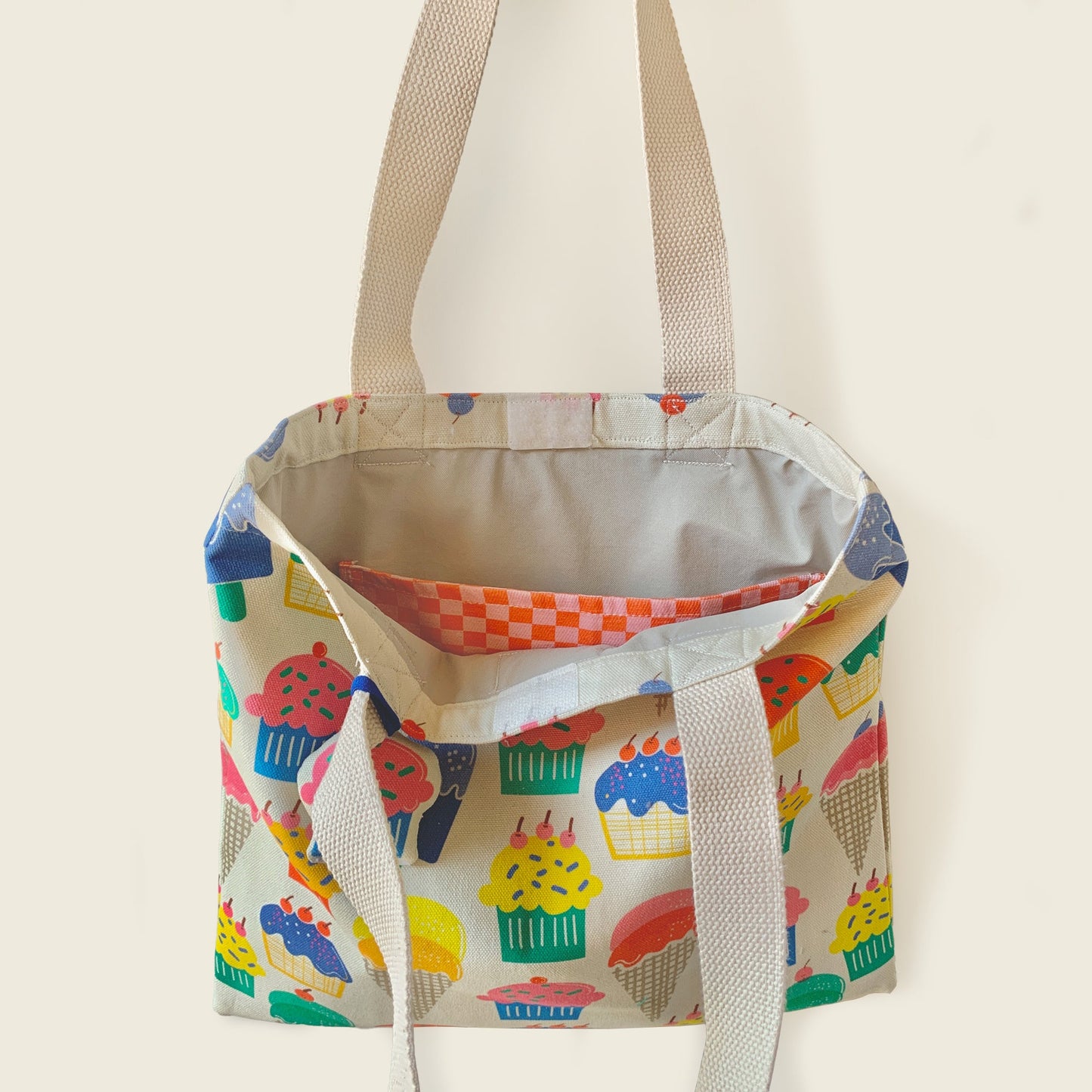 Mapayah FERRY Cup Cake kids tote bag shown open, revealing waterproof lining and inner pouch