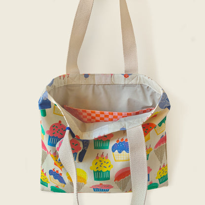 Mapayah FERRY Cup Cake kids tote bag shown open, revealing waterproof lining and inner pouch