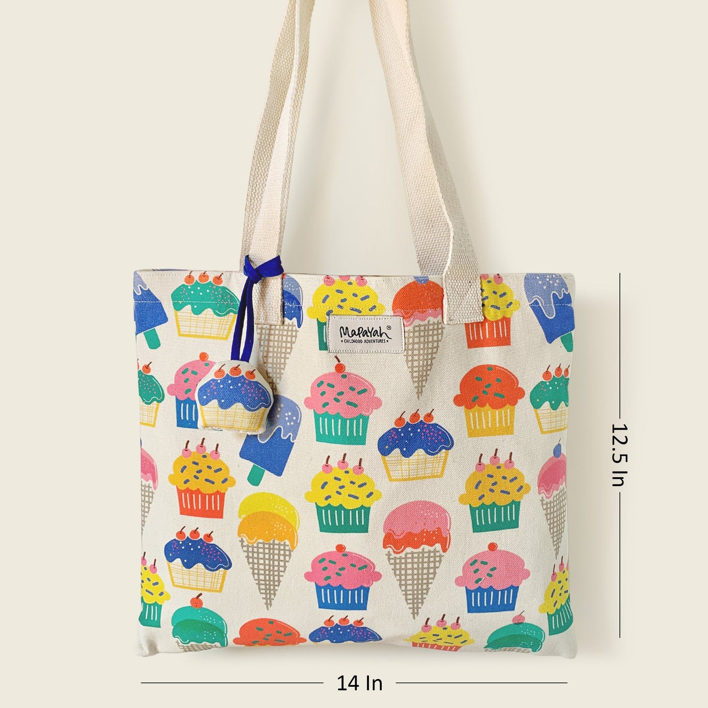 Size and dimensions diagram for Mapayah FERRY Cup Cake kids tote bag