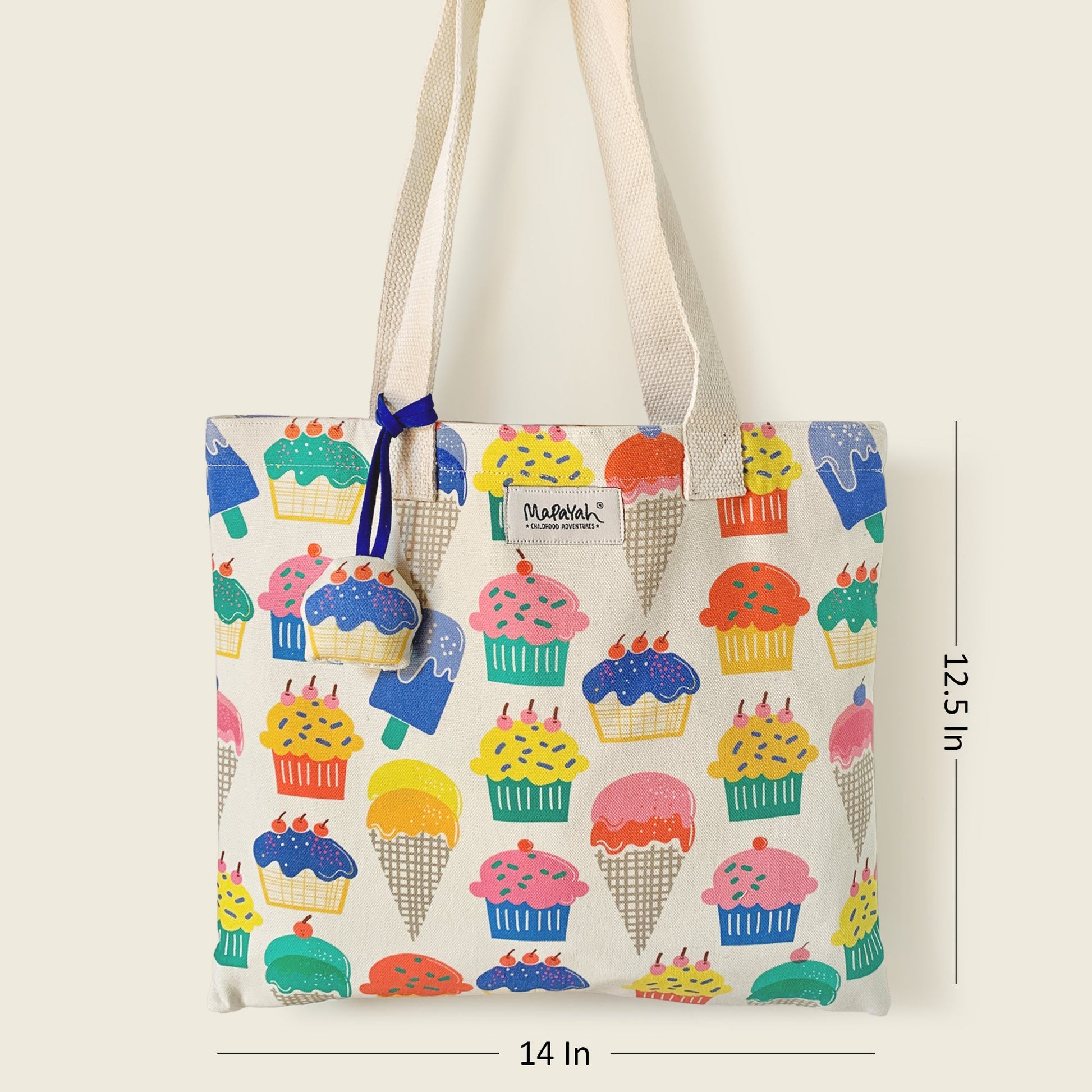 Size and dimensions diagram for Mapayah FERRY Cup Cake kids tote bag