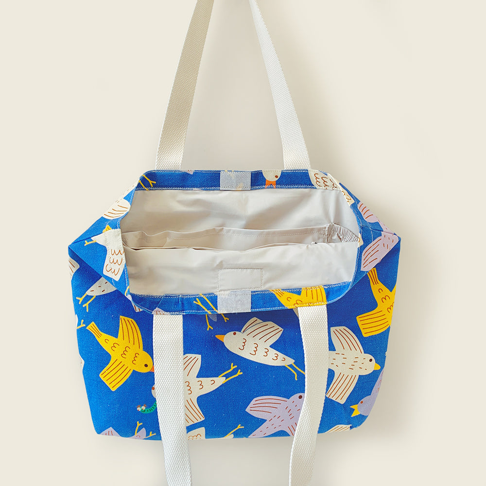 Mapayah FERRY Flap kids tote bag shown open, revealing bottle pouch and lining