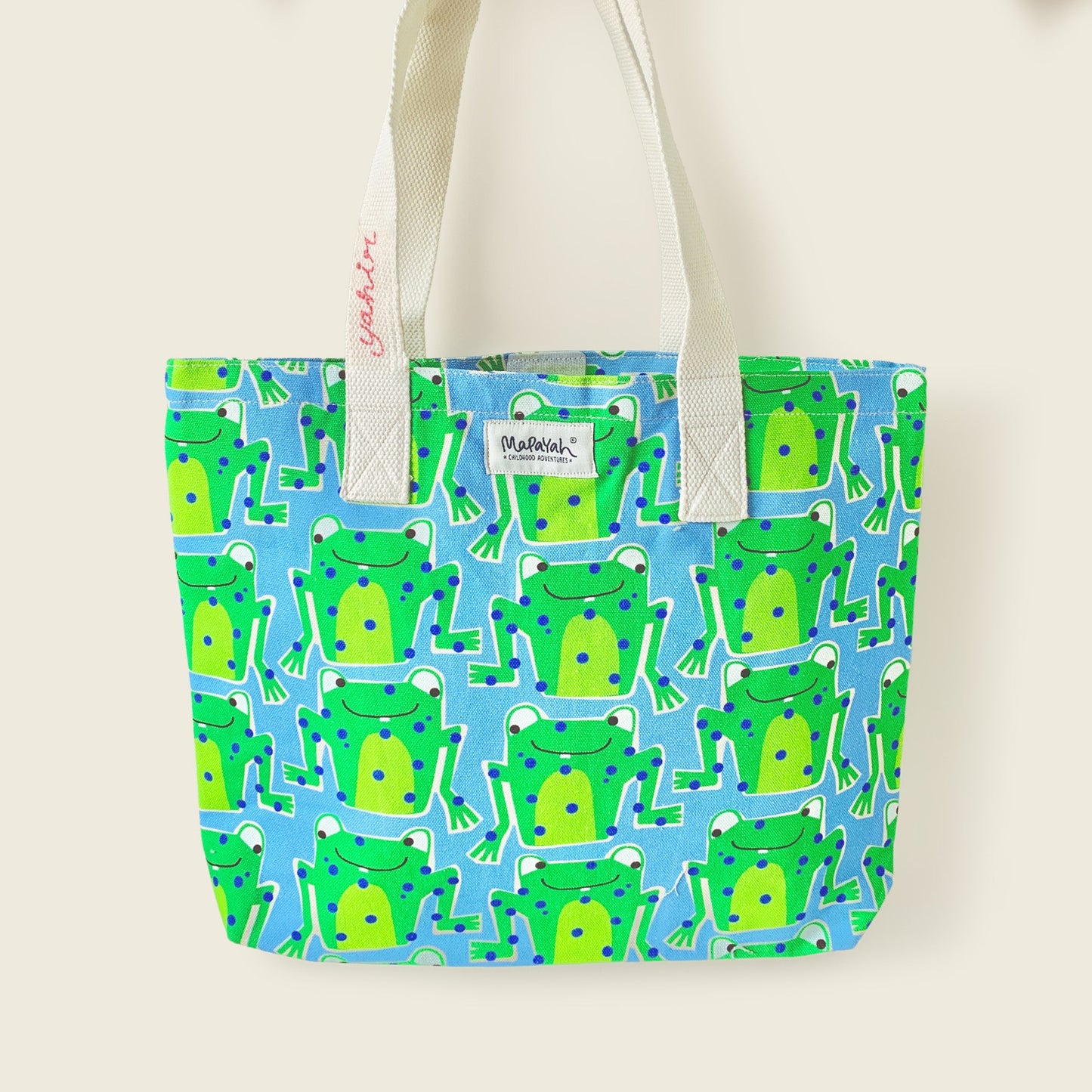 Mapayah FERRY Frawwg kids tote bag with personalisation, front angle view