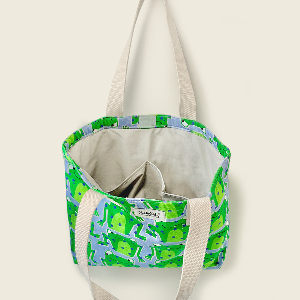 Mapayah FERRY Frawwg kids tote bag shown open, revealing bottle pouch and lining