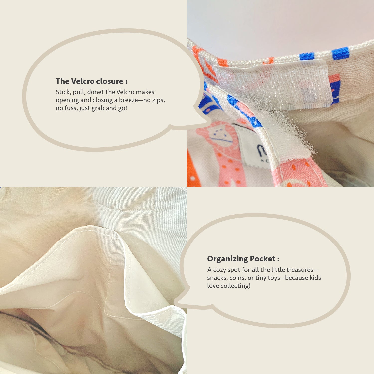 A collage showing close-up details of a children's tote bag. The top-right panel shows a Velcro closure with text explaining its use and bottom collge showing the organising pockets.